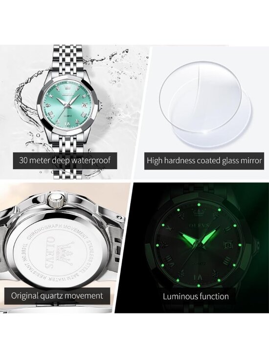 Women\'s Silver Band/Green Dial Stainless Steel Luxury Quartz Analog Wrist Watch main image 5